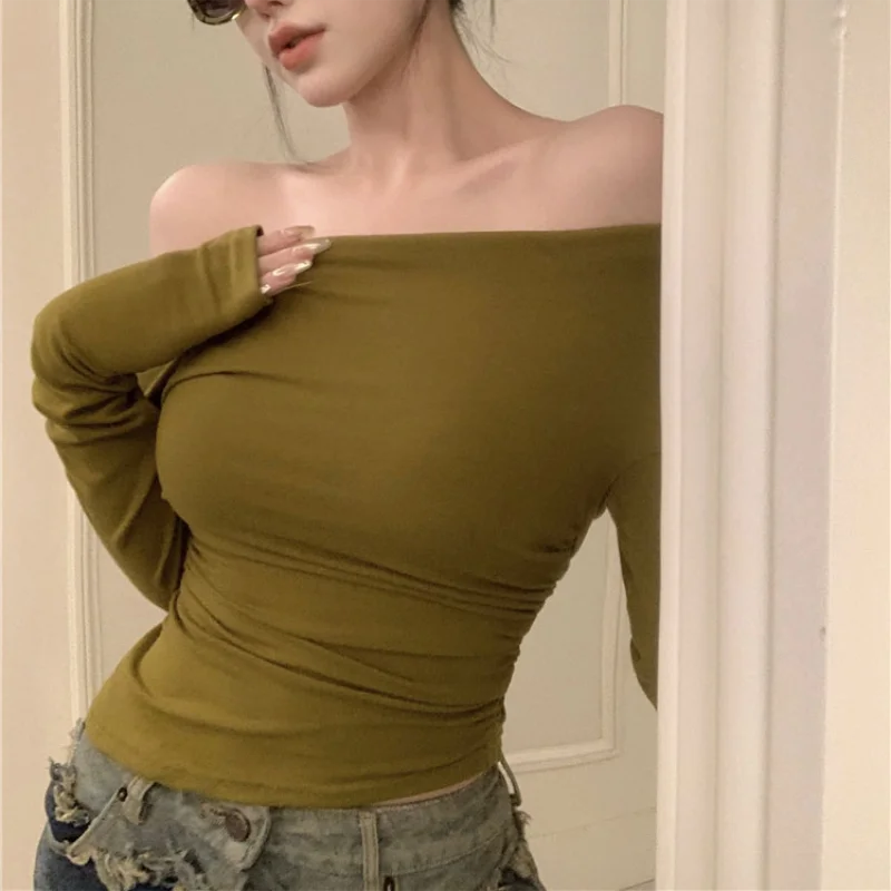 Maxct Black Solid Slash Neck Elegant Long Sleeve Tops Fashion Slim Sexy Cropped T Shirt Skinny Women Y2k Clothing Autumn Casual Shirts