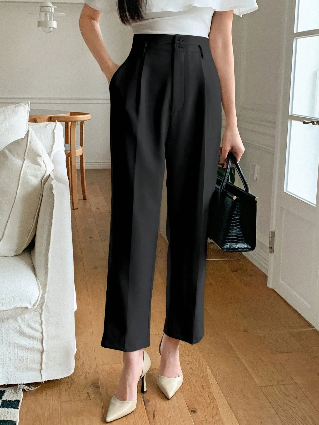 Maxct Solid Color Three Quarter Length Pocket Zipper Women's Suit Pants