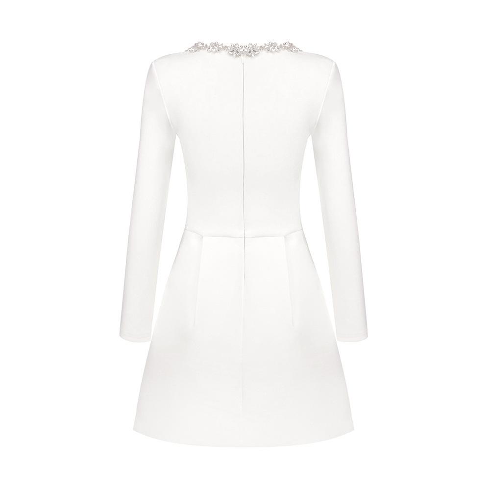 Maxct 2024 New Women's White French Square Collar Diamond Long Sleeve Bandage Dress Summer High-end Sense - Image 20