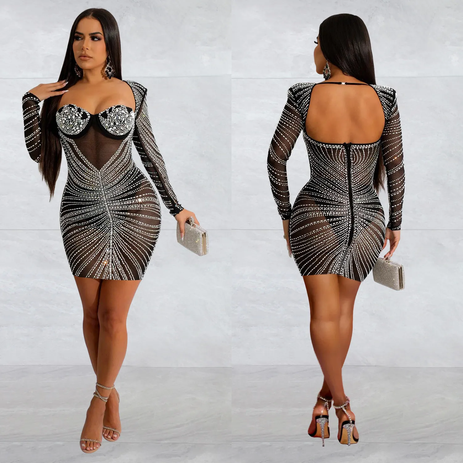 Maxct Maxct Fashion Women's Solid Color Net Gauze Hot Diamond Long Sleeve Short Skirt Dress