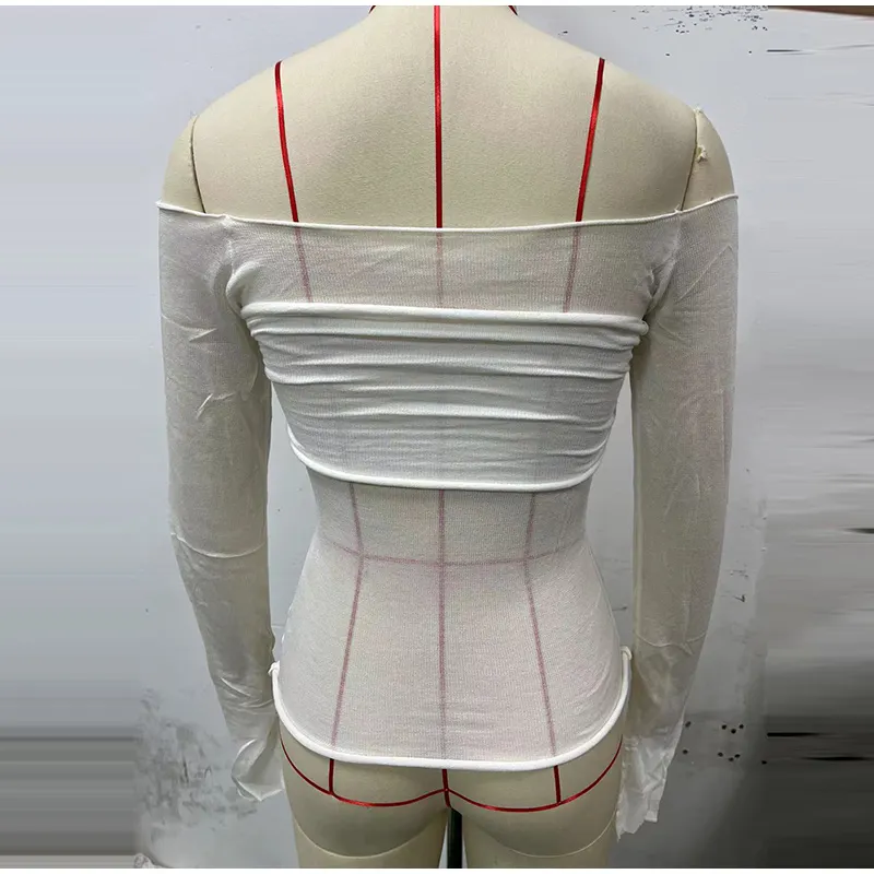 Sexy Transparent Off Shoulder Shirts Women Slim Fit Solid Perspective Thin T-Shirt Female Autumn Chic Elegant Daily Tops