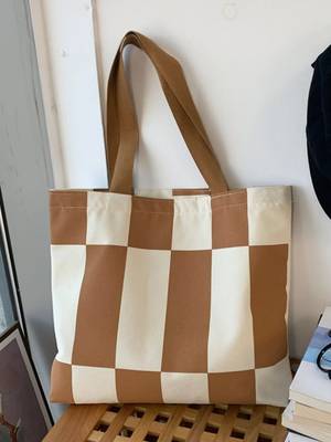 Plaid Pattern Letter Patch Decor Shopper Bag - Women Tote Bags