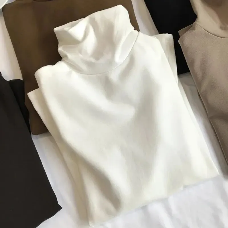 Maxct T-Shirts Women Long Sleeve Striped Solid Turtleneck Bottoming Shirt Korean Fashion All-Match Simple Loose Soft Tops New
