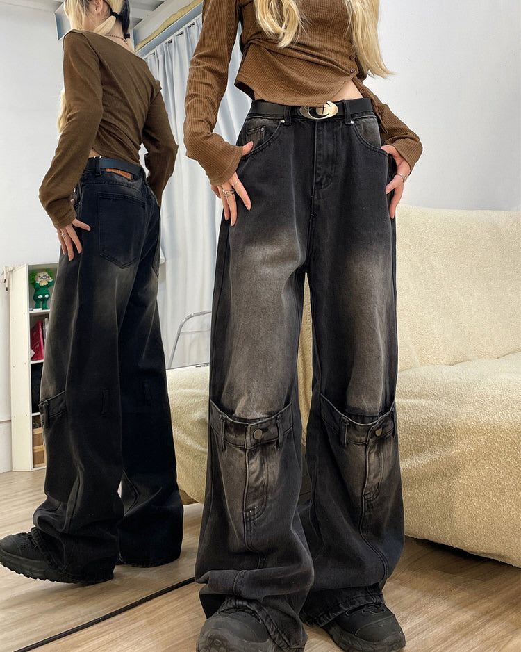 Grunge Aesthetic Knee Buckle Jeans Maxct