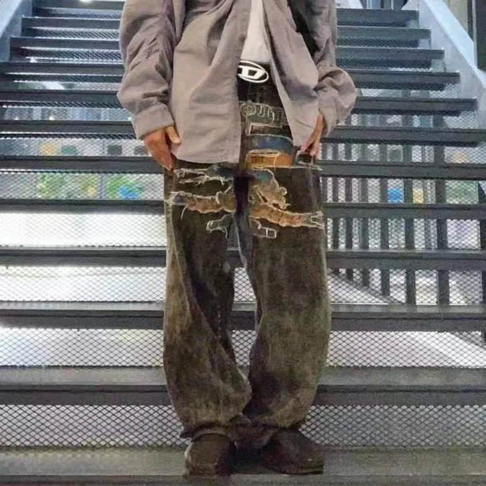 Maxct  Jeans Pants for Men Straight Patchwork Streetwear Baggy Denim Trousers Unisex Cargos