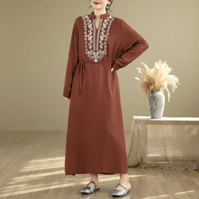 Maxct Women Spring Vintage Ethnic Embroidered Linen Maxi Dress