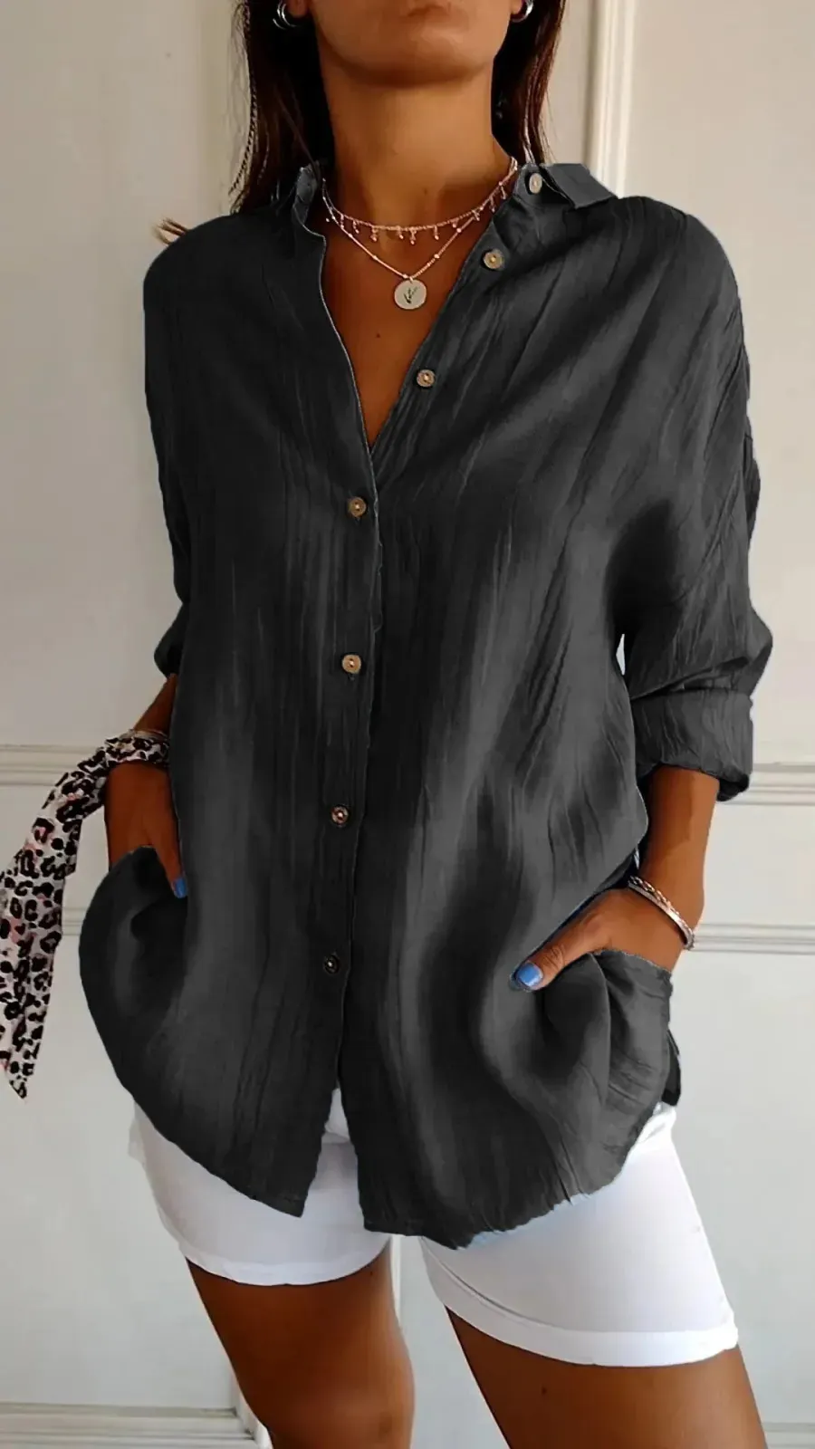Maxct fashion outfits 2024 Single-Breasted Pleated Lapel Shirt Women's Solid Color Sleeve Top