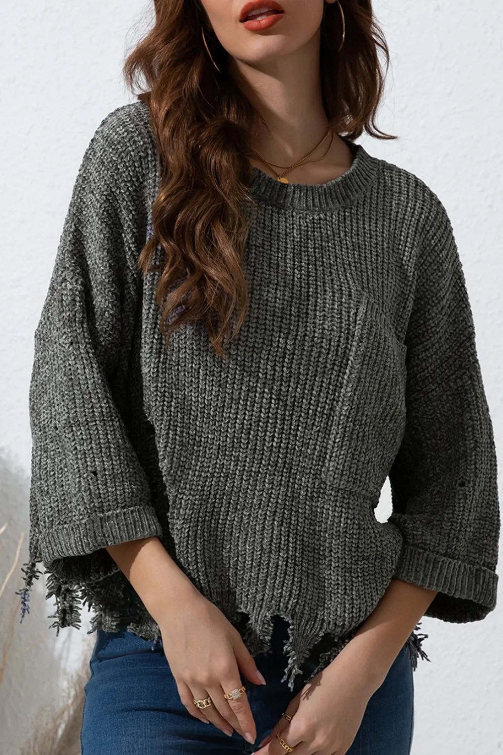 Maxct &Distressed Round Neck Drop Shoulder Sweater