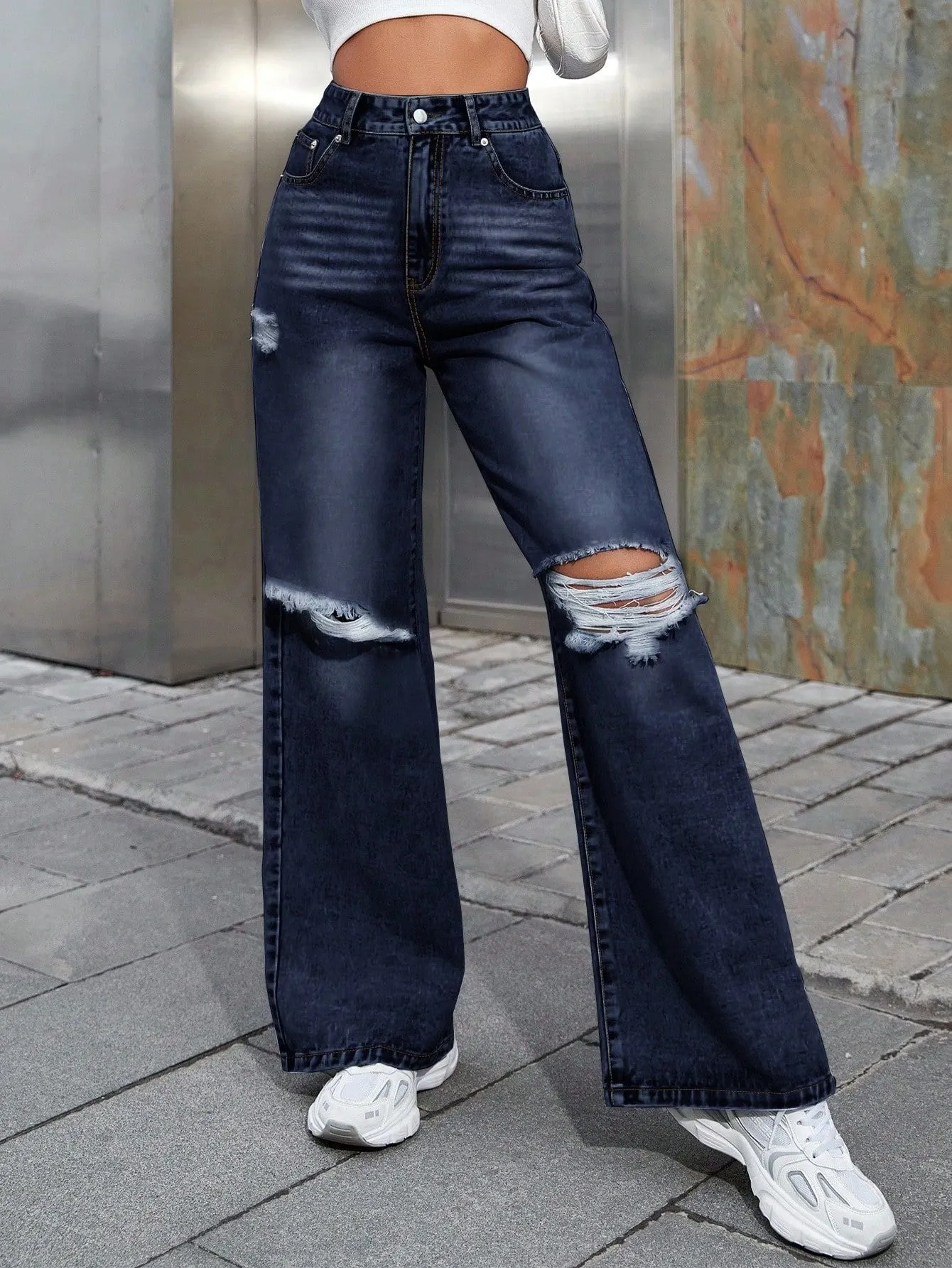 Maxct outfit inspo Women's Ins Fashion Ripped High Waist Wide Leg Pants Casual Denim Pants Fashion