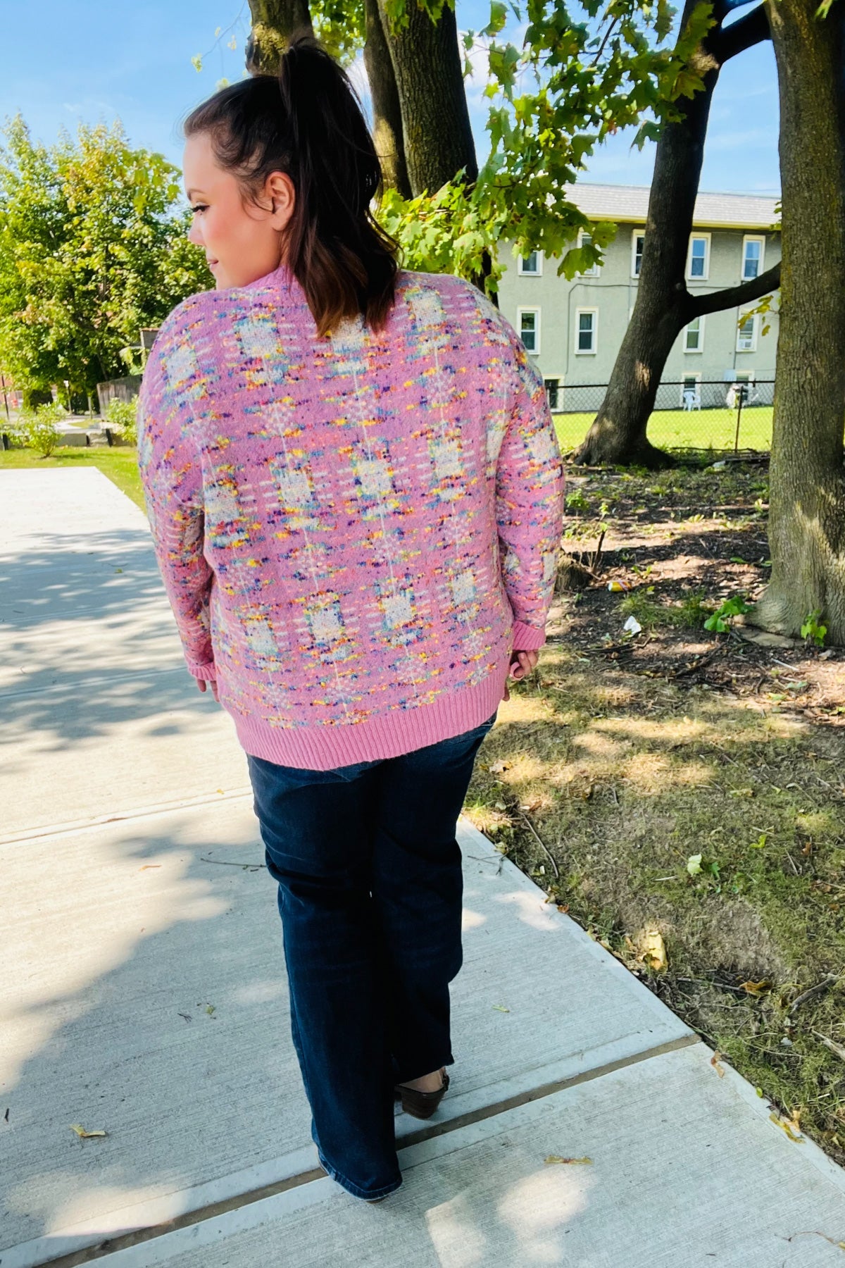 Maxct &Adorable Pink Multicolor Popcorn Knit Sweater