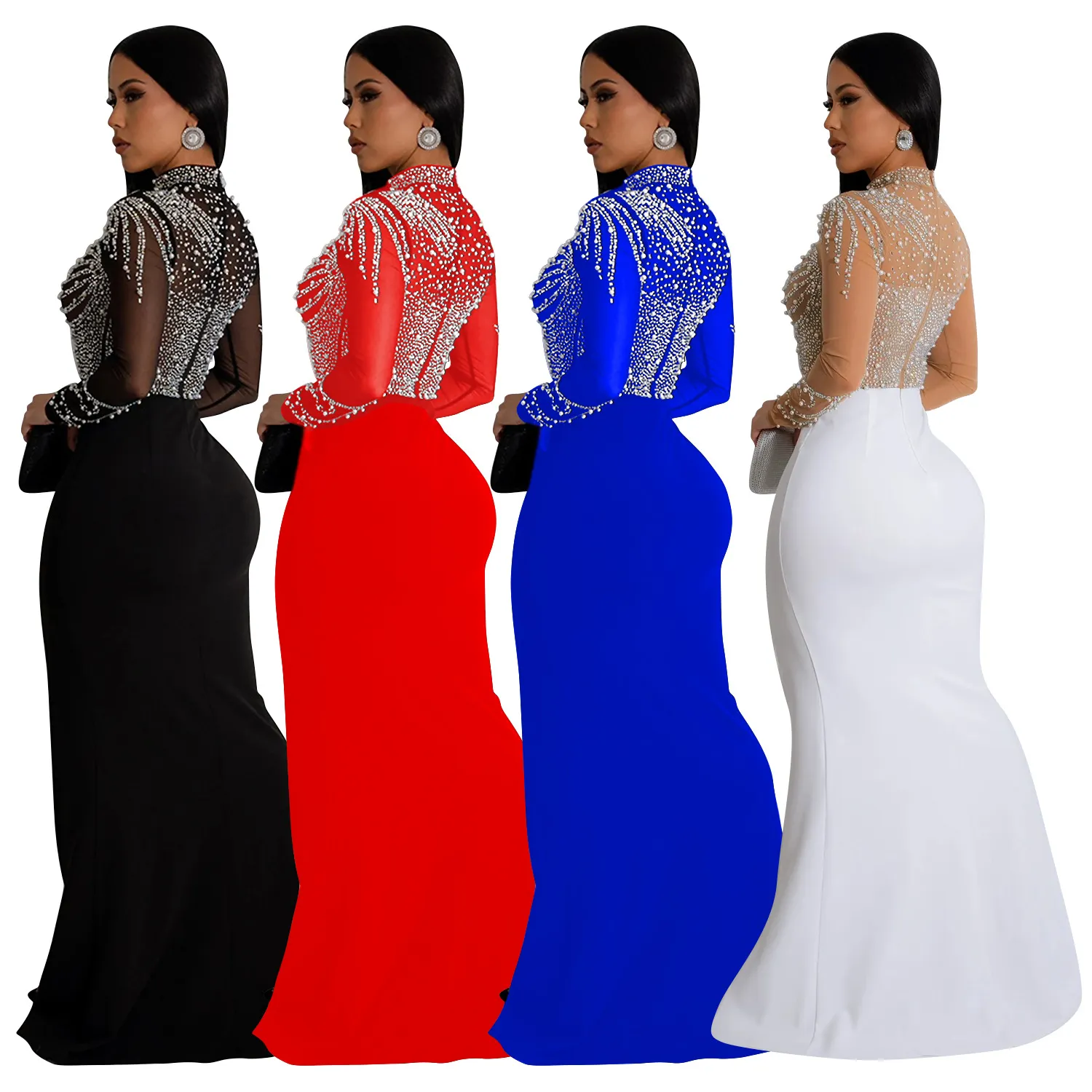Maxct Maxct Fashion Women's Solid Color Net Gauze Hot Diamond Slit Long Skirt Dress