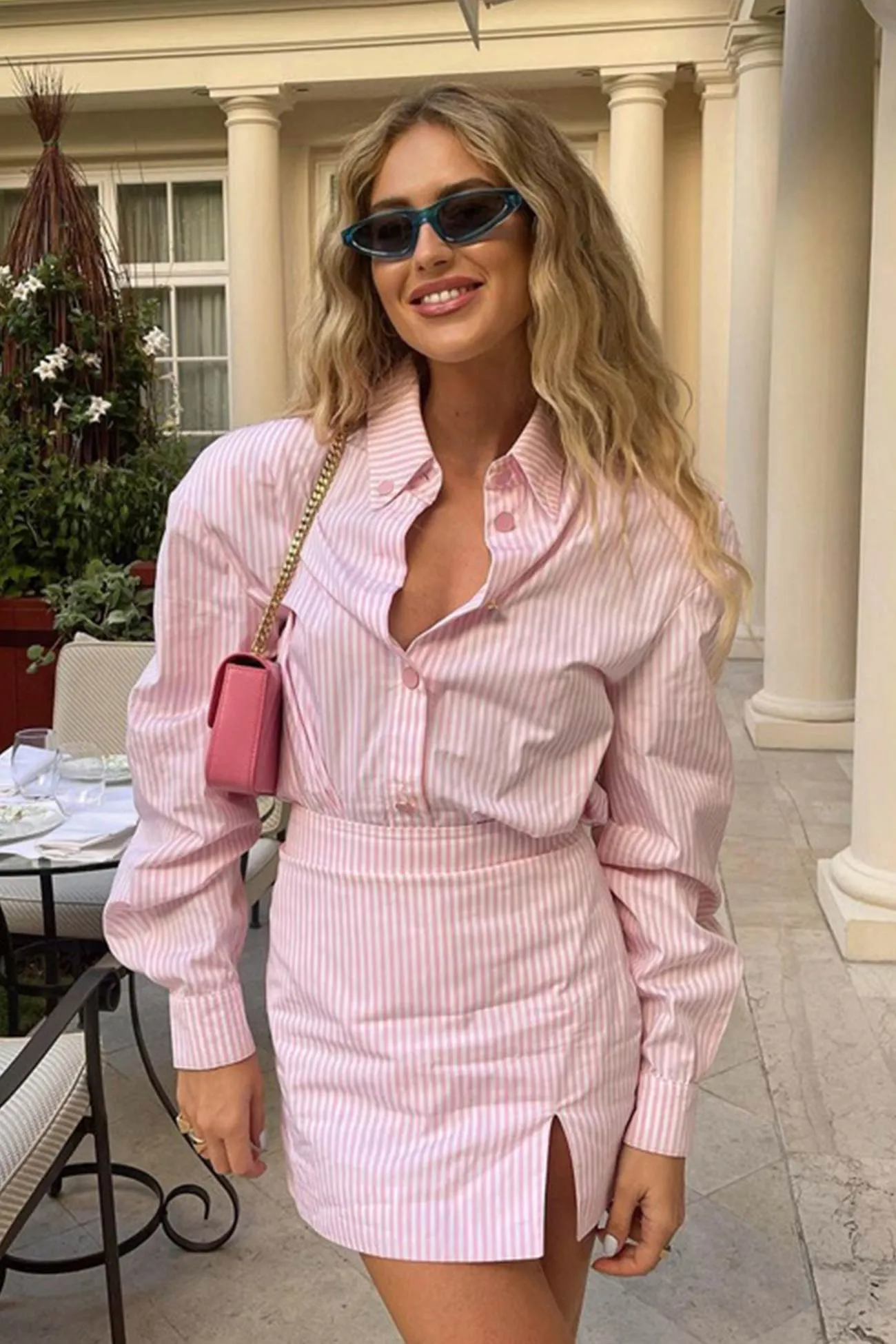 Maxct Pink Striped Print Shirt Mini Skirt Suits