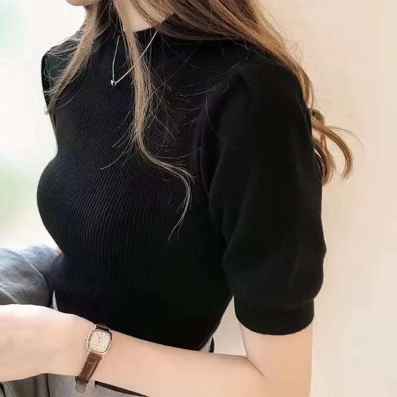Maxct Turtleneck Knitted T-shirts Tops Woman Slim Short Puff Sleeve Buttons Soft Solid Autumn T-shirt Tee Female