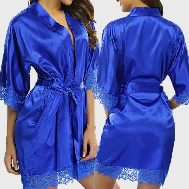 Maxct Women Night Gown Satin Robe Bathrobe Satin Nightgown Halt Sleeve Pajamas Lingerie Night Mini Dress Lace Sexy Sleepwear hot sale