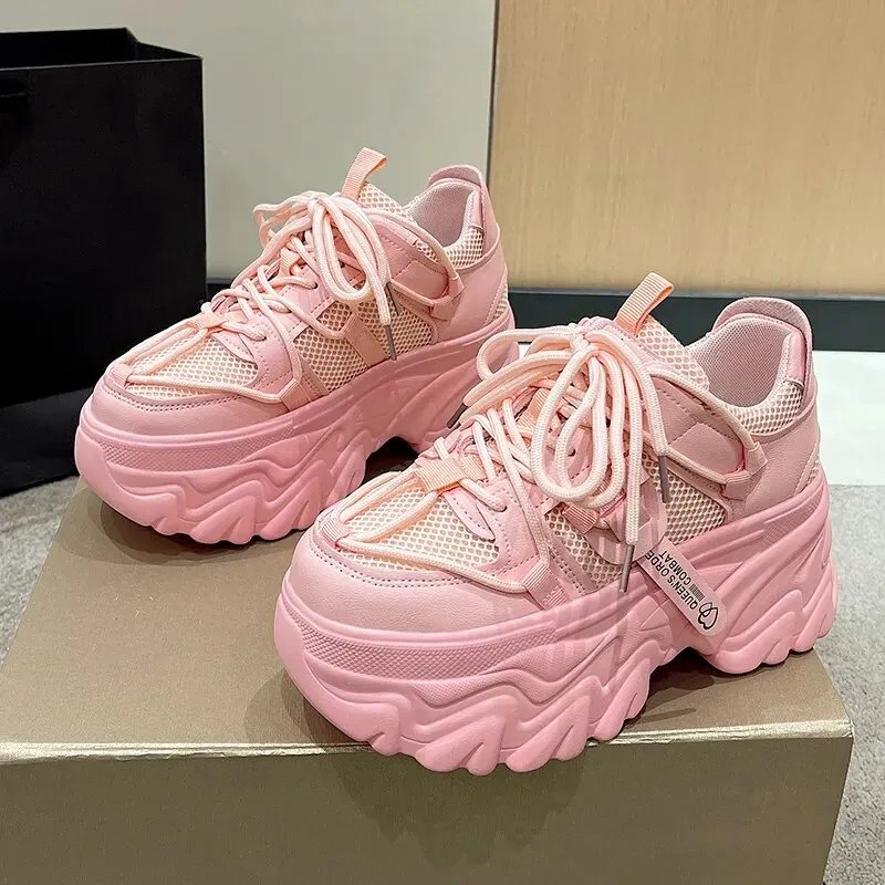 Chunky Sneakers 8cm Heel Women's Solid Color Platform Shoes Maxct