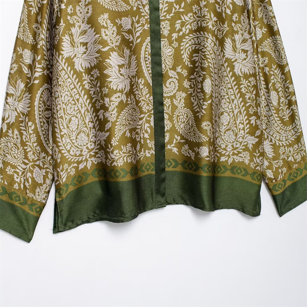 Autumn New Women's Fashion Versatile Collar Long Sleeve Shirt Silk Texture Printed Pants Casual Set