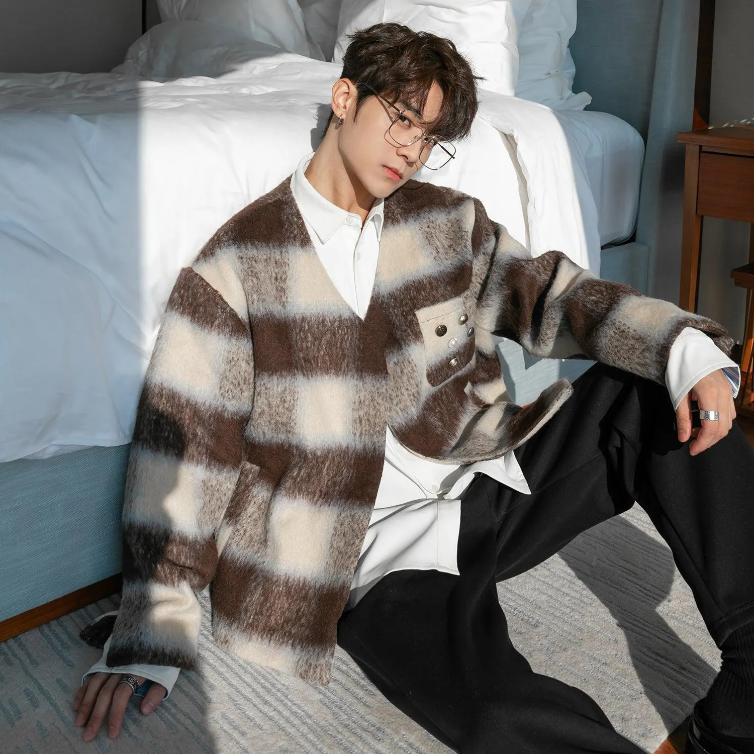Maxct V-neck Color Striped Woolen Coat