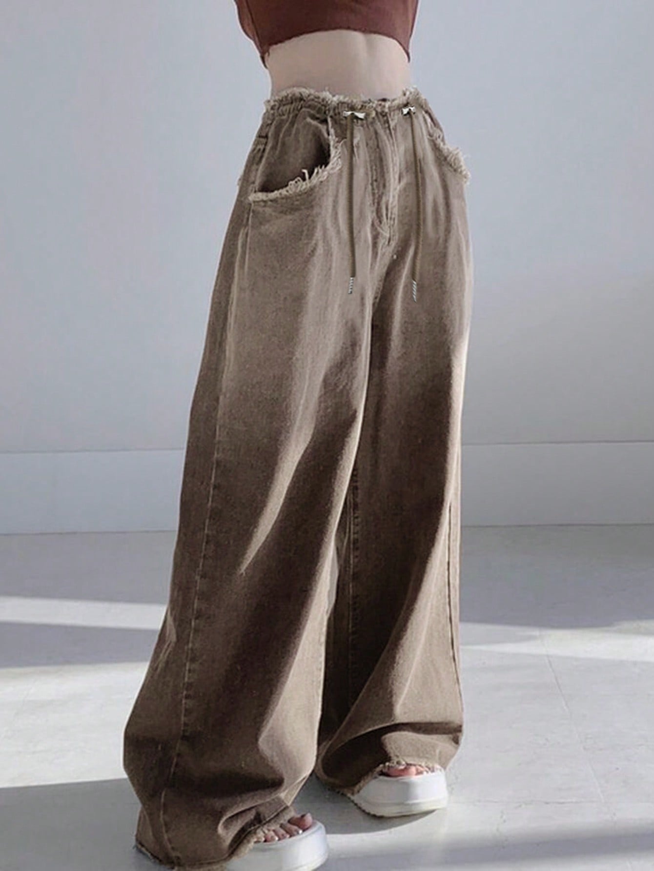 Maxct Women Frayed Bleached Wide Leg Denim Pants With Drawstring
