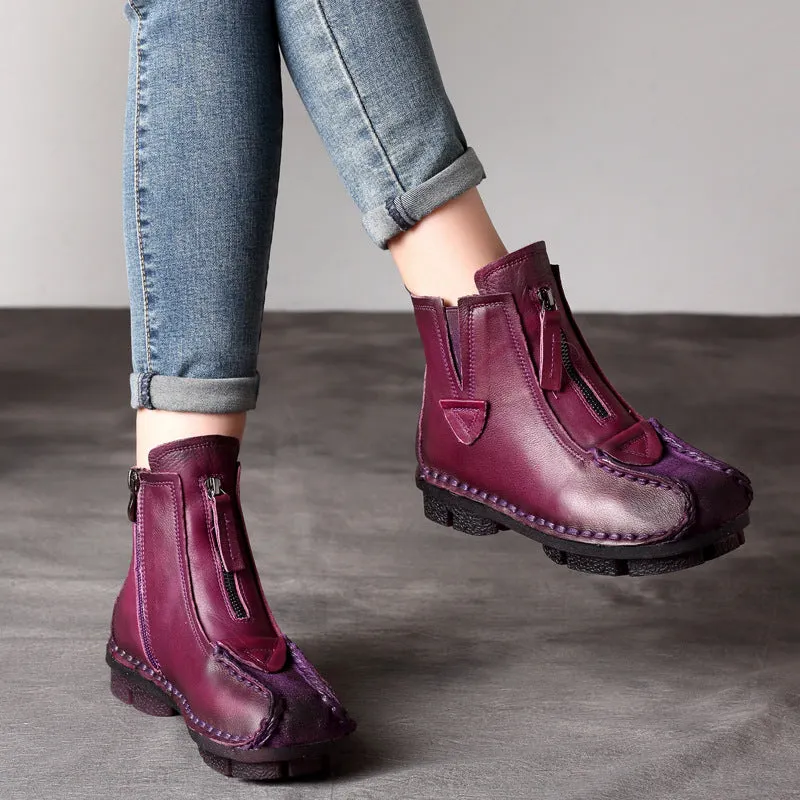 Maxct Trendy Ethnic Retro Handmade Leather Zipper Short Boots