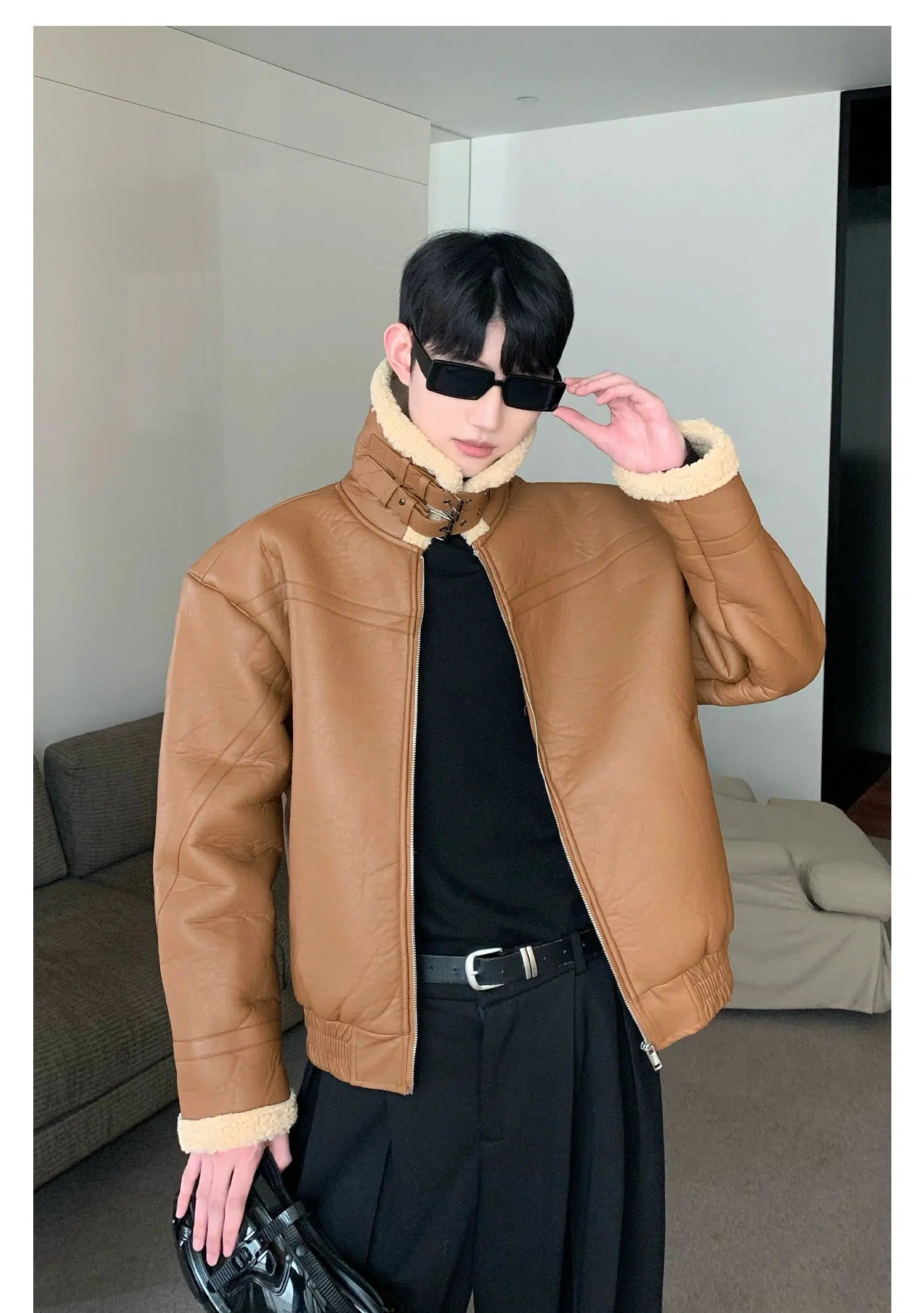 Maxct Fleece Stand Collar Faux Leather Jacket