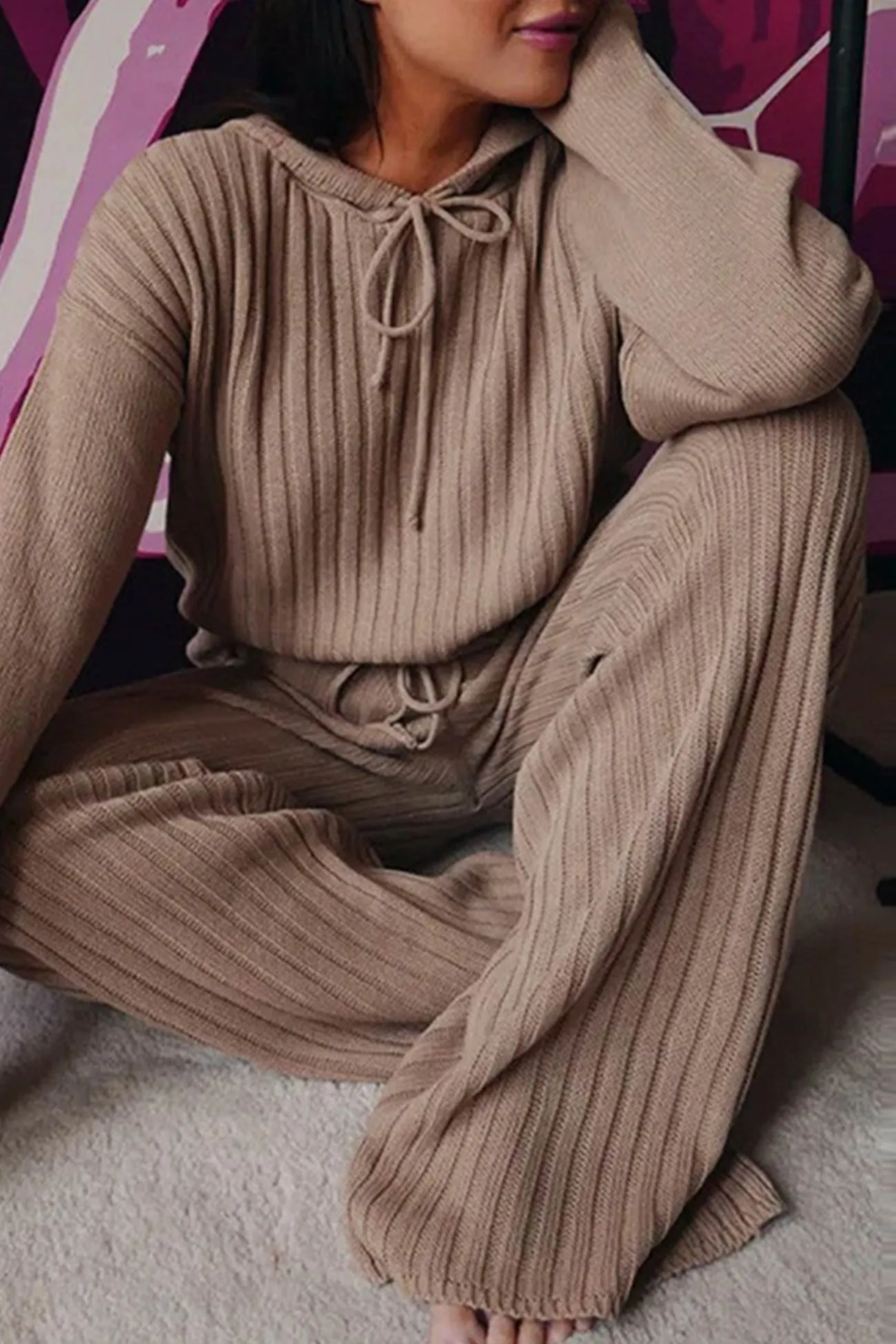 Maxct Ribbed Drawstring Hoodie Long Pants Set