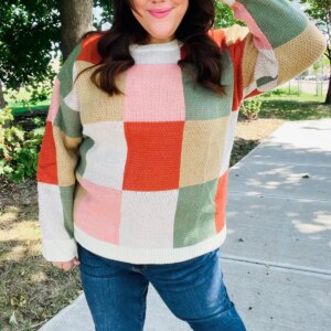 Maxct &Be Bold Ivory & Rust Checker Jacquard Knit Sweater