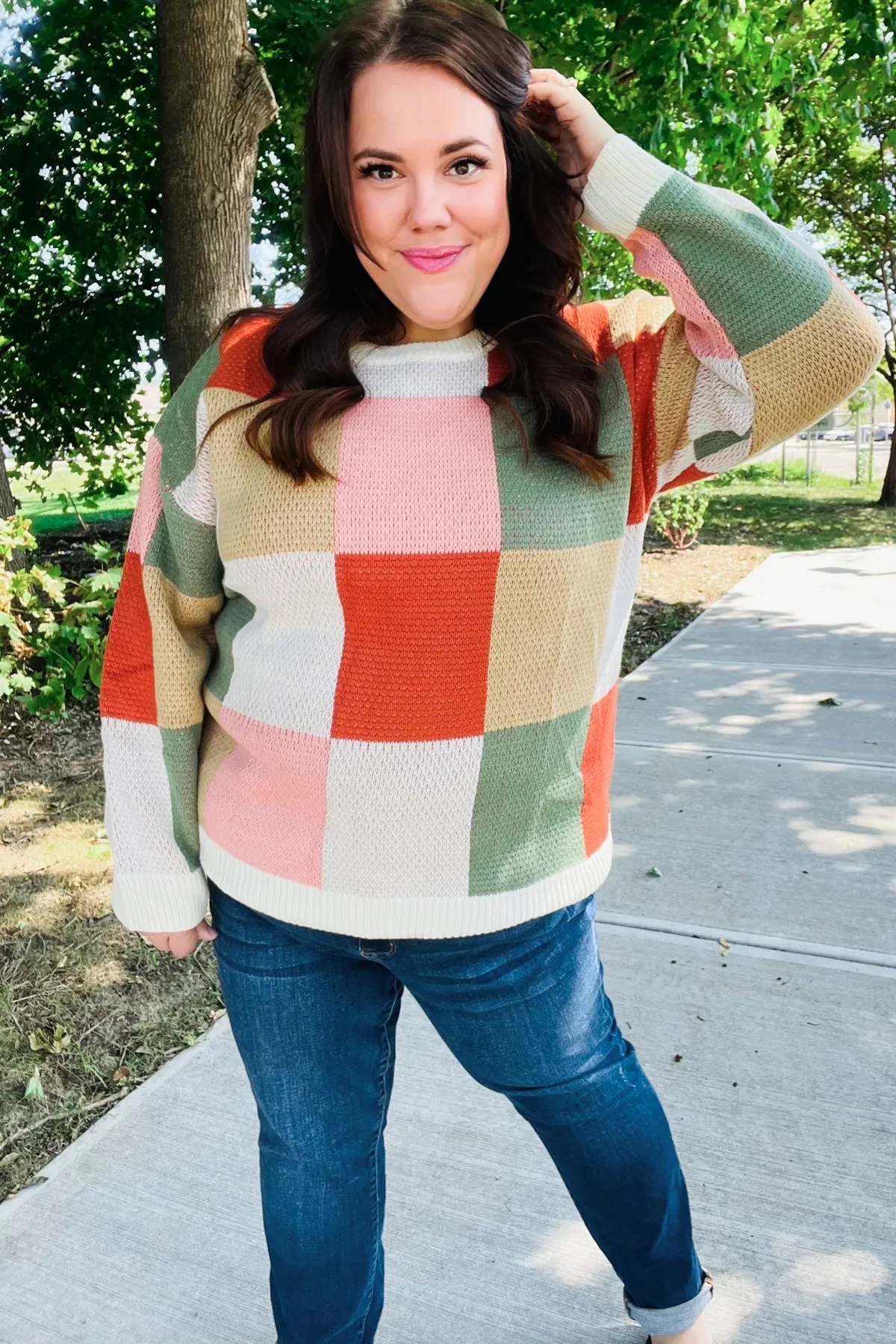 Maxct &Be Bold Ivory & Rust Checker Jacquard Knit Sweater