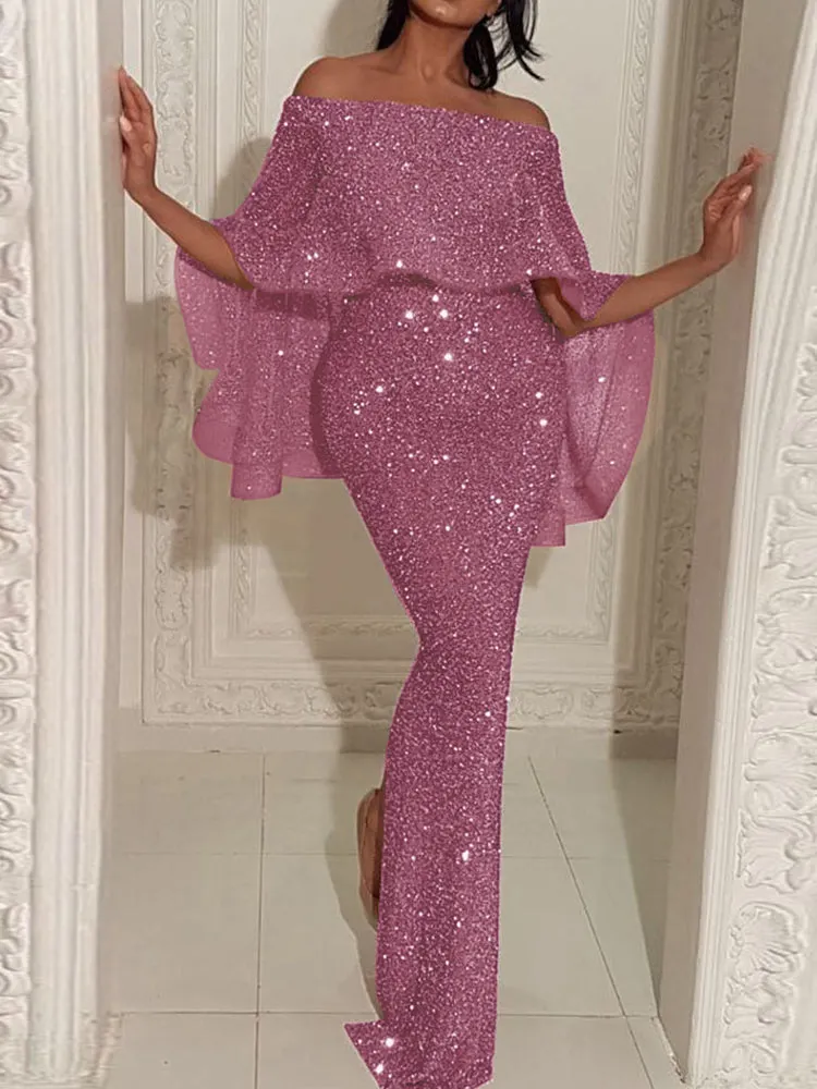 Off Shoulder Sequins Maxi Dress Maxct