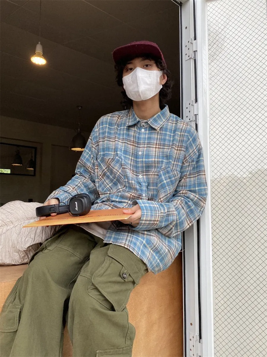 Maxct 90s Streetwear American Retro Plaid Shirt Men's Spring And Autumn New Loose Casual Lazy Style Long-sleeved Shirt All-match Coat Top