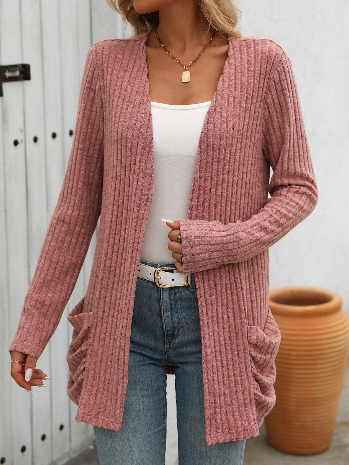 Maxct &Open Front Long Sleeve Ribbed Cardigan