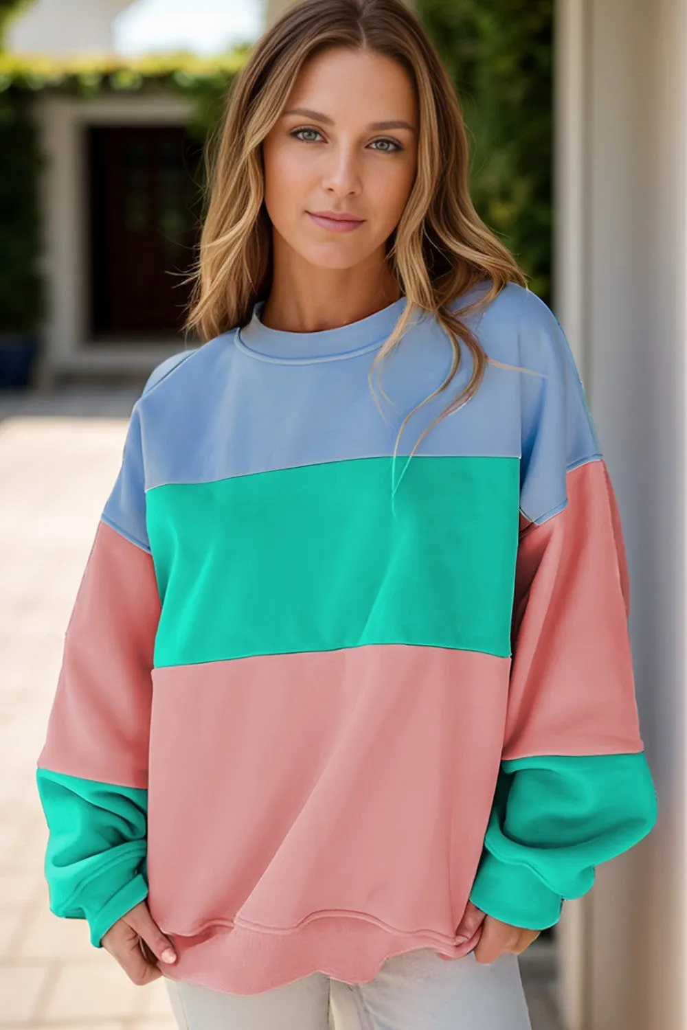 Maxct &Color Block Round Neck Long Sleeve Sweatshirt