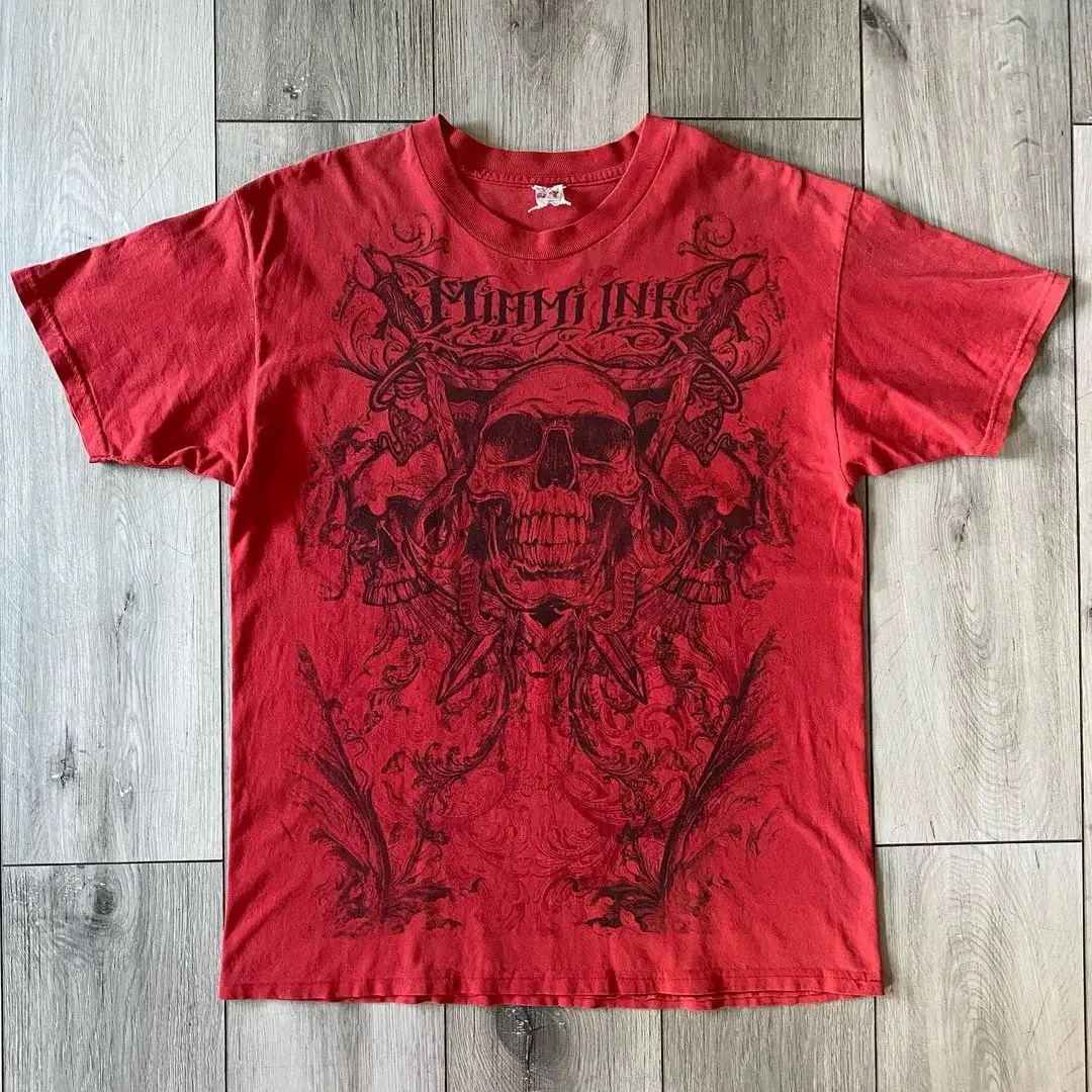 Maxct Gothic Trend Culture Oversized Anime Cross Print T-Shirt Men's Loose Cotton Top Y2K Harajuku Streetwear Summer T-Shirt Women