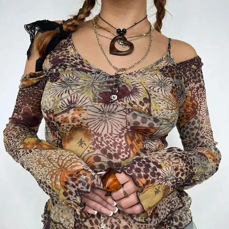 Maxct &Fairycore Floral Mesh Top