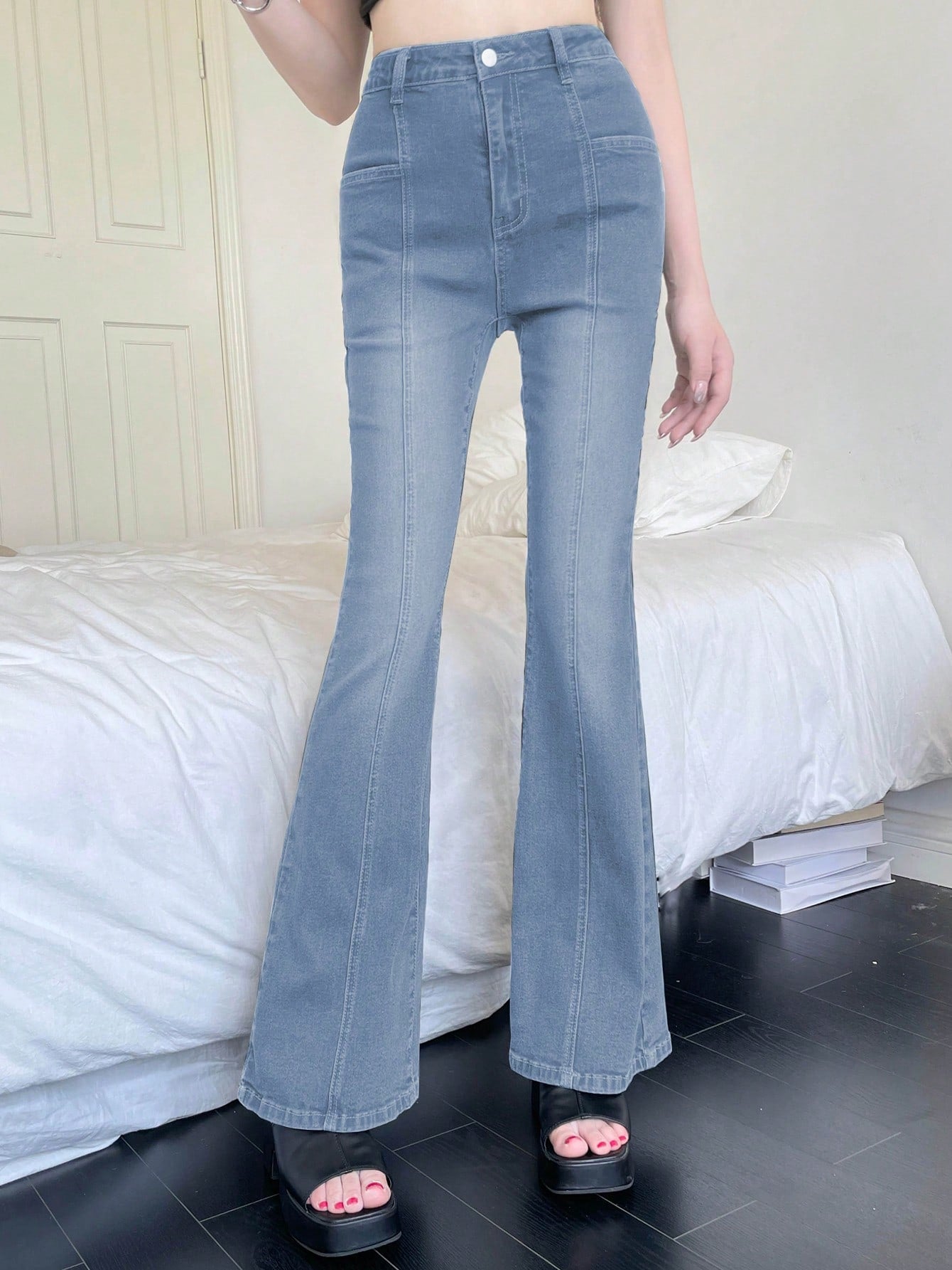 Maxct Solid Color Flared Denim Pants With Pockets, Casual