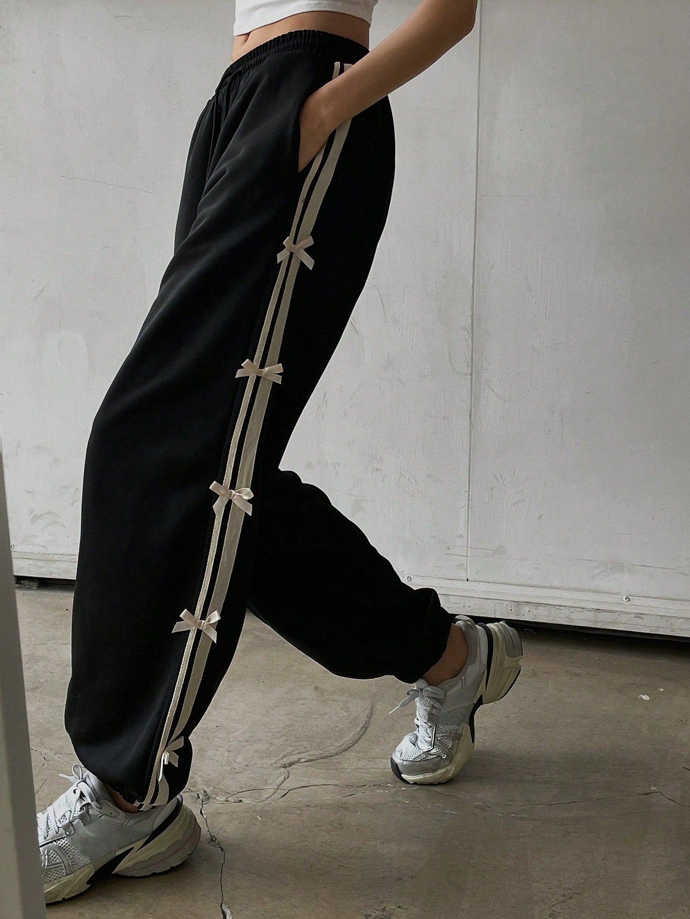 Maxct Elastic Waist Decorated Long Harem Pants With A Loose Fit And Woven Ribbon Bow For Women