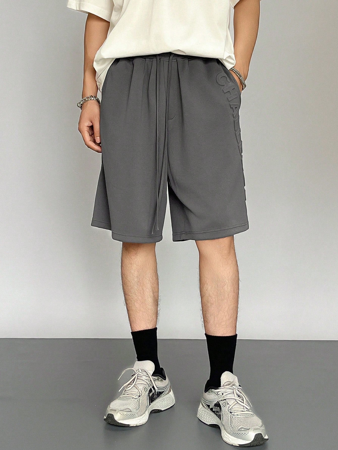 Maxct Men Summer Solid Color Drawstring Shorts With Letter Print