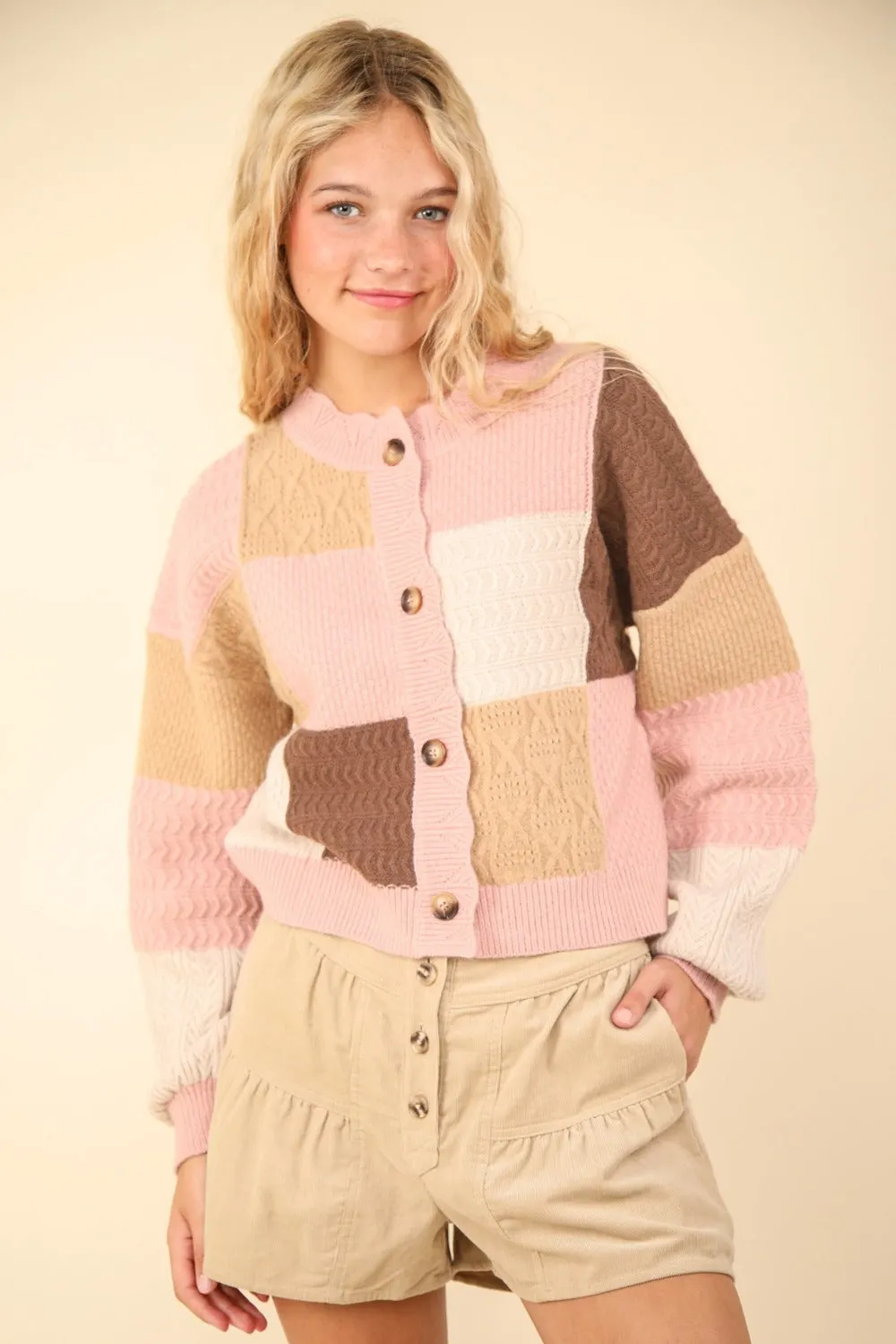 Maxct &VERY J Color Block Button Down Textured Sweater Cardigan