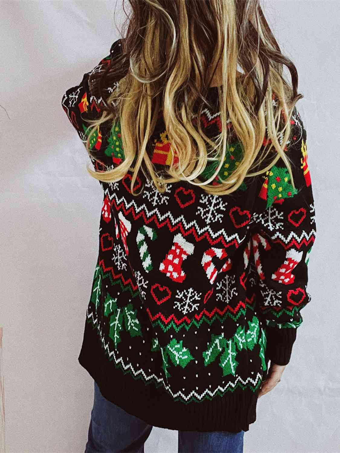 Maxct &Printed Button Up V-Neck Long Sleeve Cardigan with Pockets