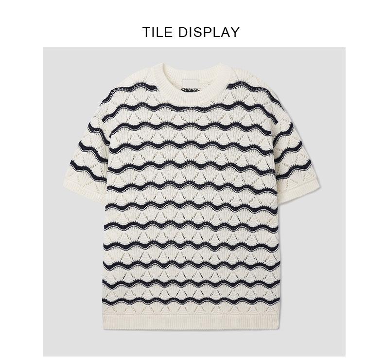 Maxct 90s Streetwear Men's T-shirt Short-sleeved Summer Trendy Brand High-grade Sense Heavy Industry Hollow Knitted Sweater Jacquard Wave Striped T-shirt Top