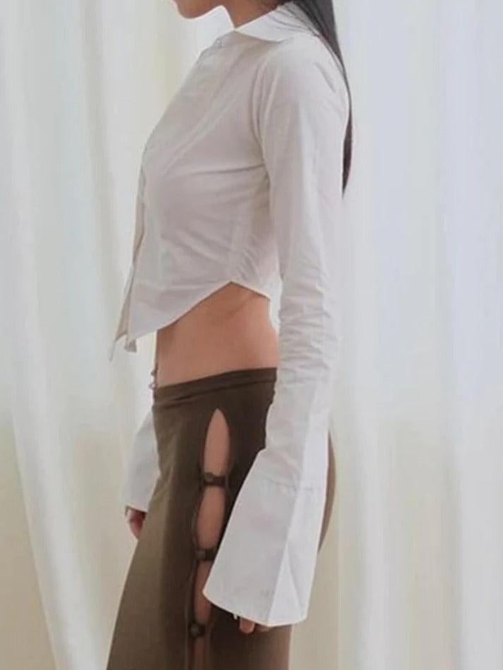 Maxct-Shirt Neck Irregular Hem Long Sleeve Blouse