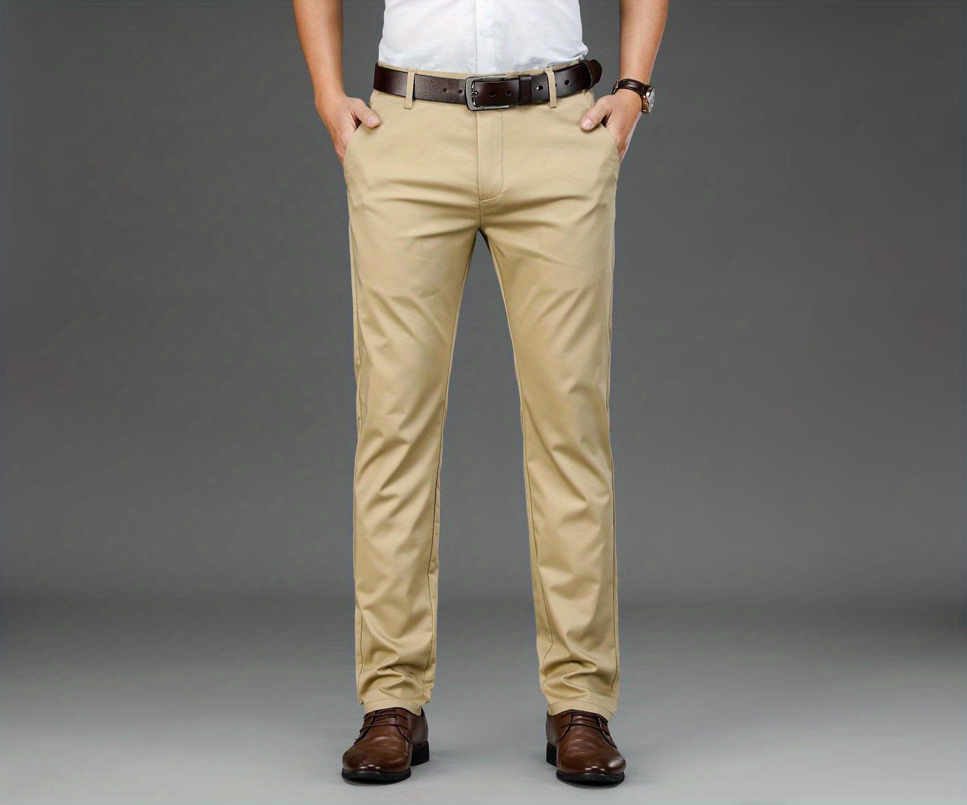 Classic Design Dress Pants, Men's Formal Solid Color Mid Stretch Dress Pants For Spring Summer Business