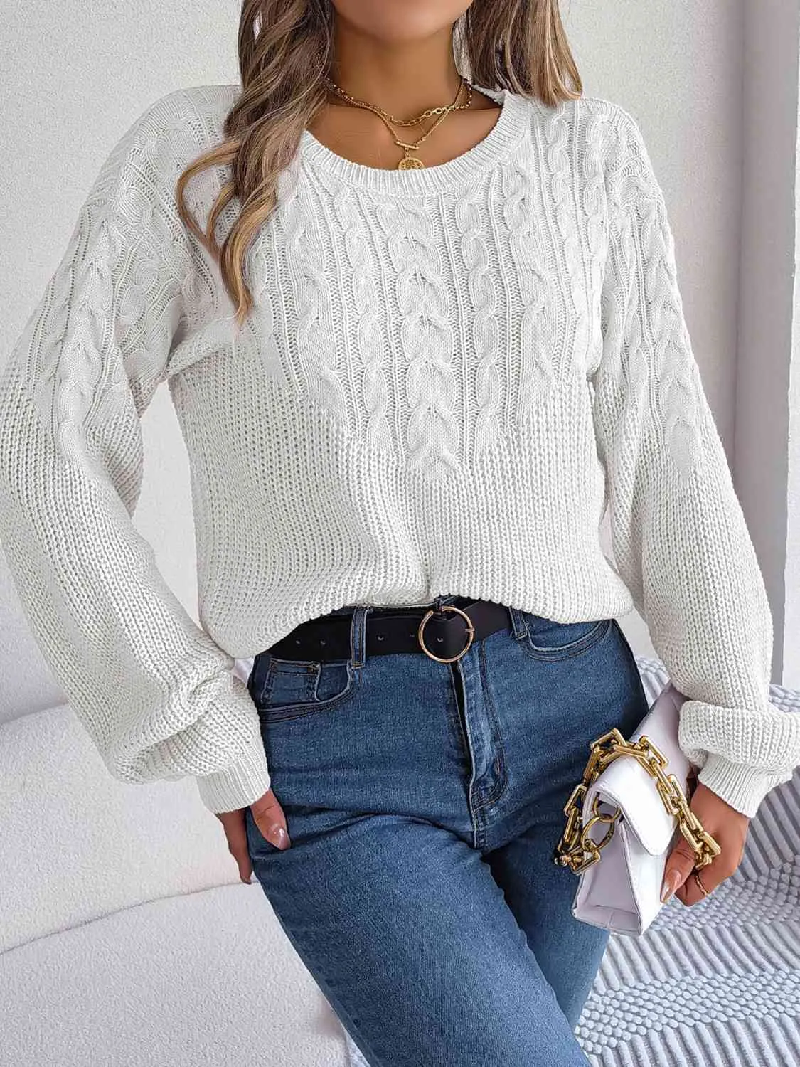Maxct &Cable-Knit Round Neck Drop Shoulder Sweater