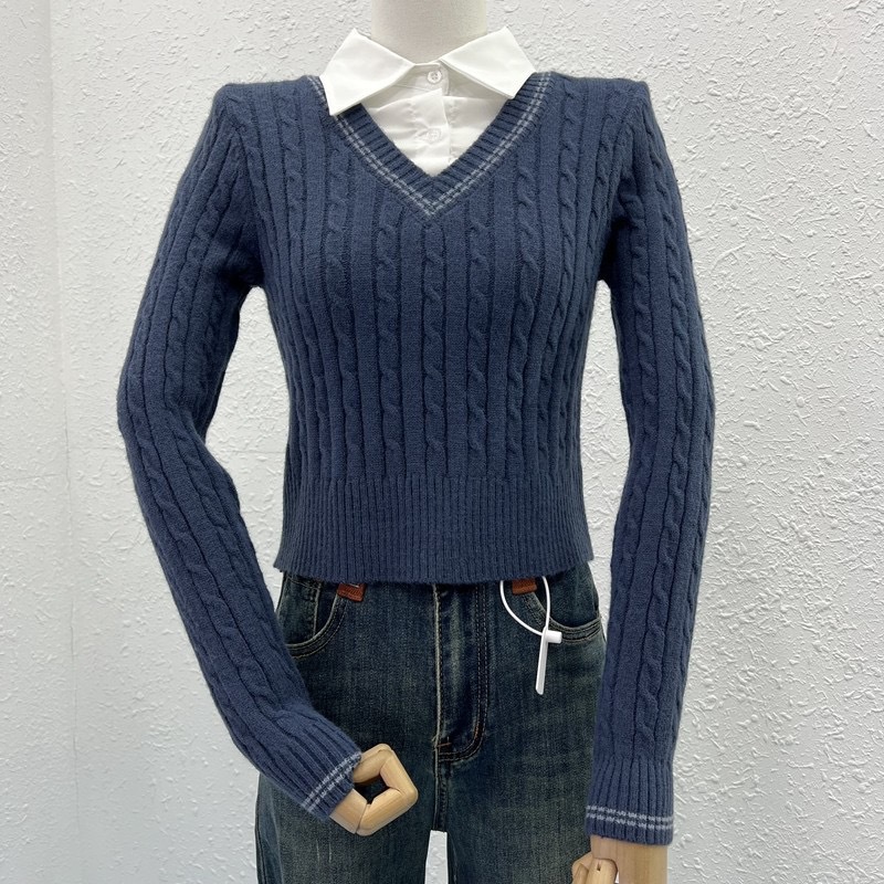 Maxct classy outfits men Preppy Style Twist Stitching Shirt Collar Fake Two Pieces Autumn New Knitwear Sweater Coat Top for Women