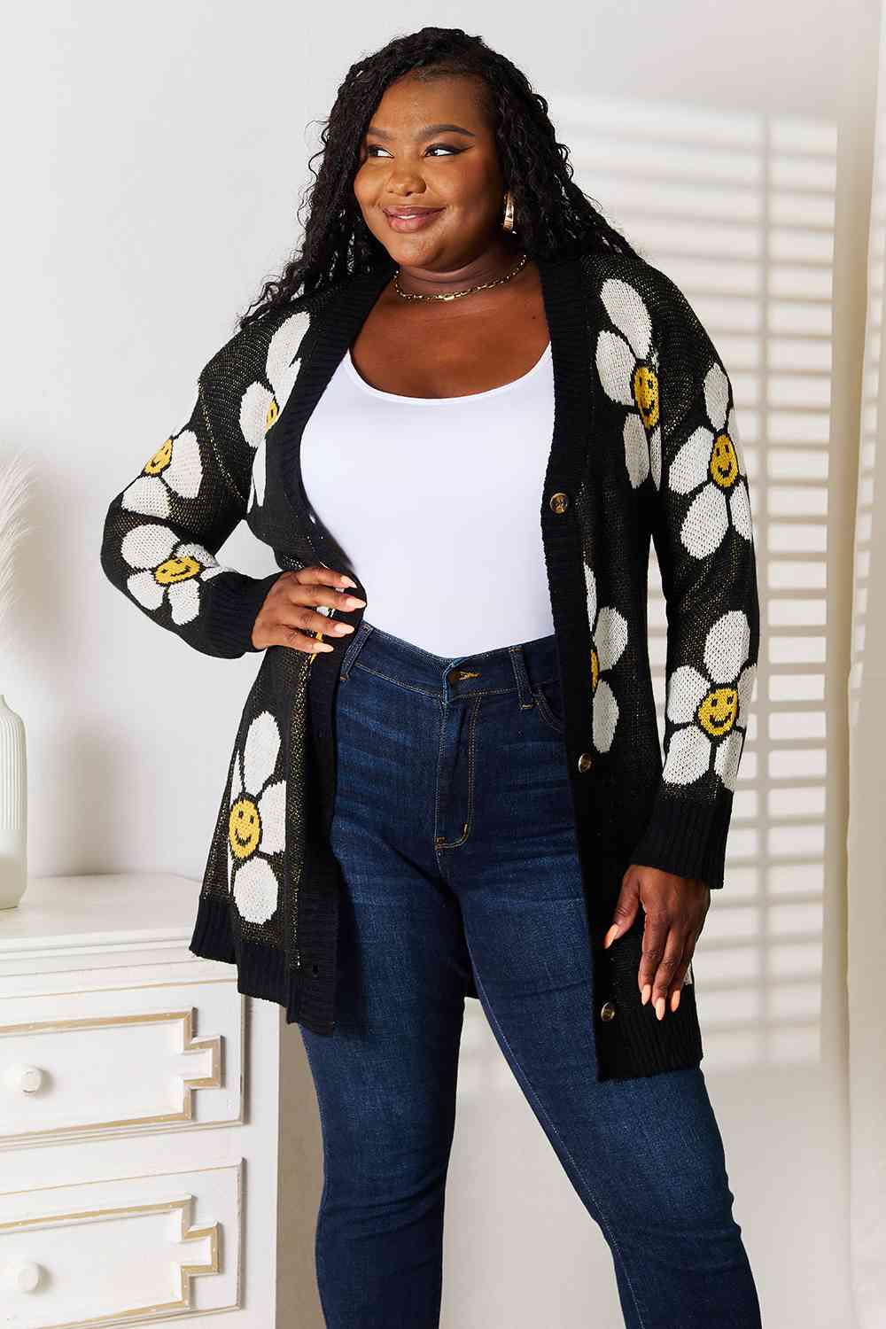 Maxct &Double Take Floral Button Down Longline Cardigan