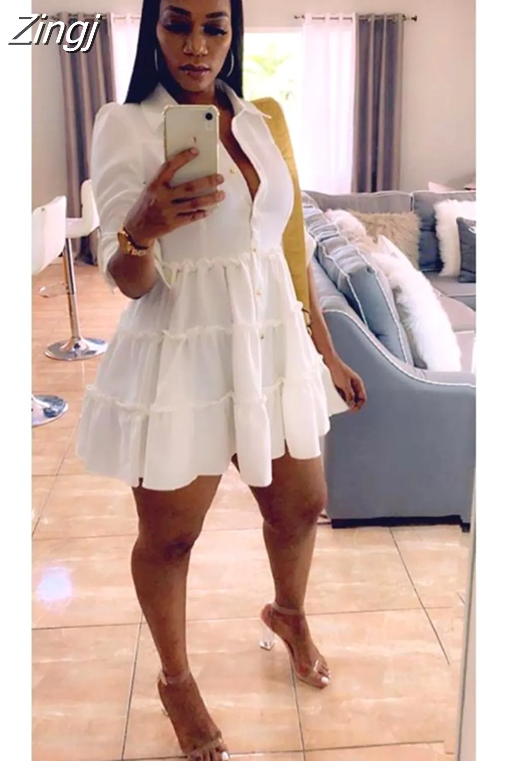 Maxct Solid Ruffles Shirt Dress Women Streetwear Half Sleeve Buttons Up High Waist Mini Dress Summer Casual Party Dresses