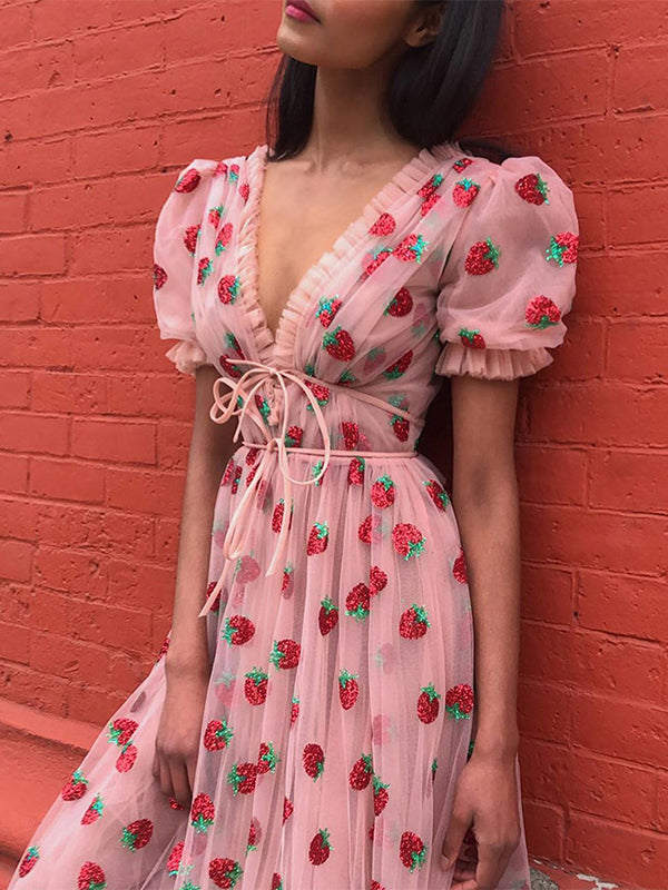 Sequined Strawberry Mesh Pleated Maxi Dress Maxct