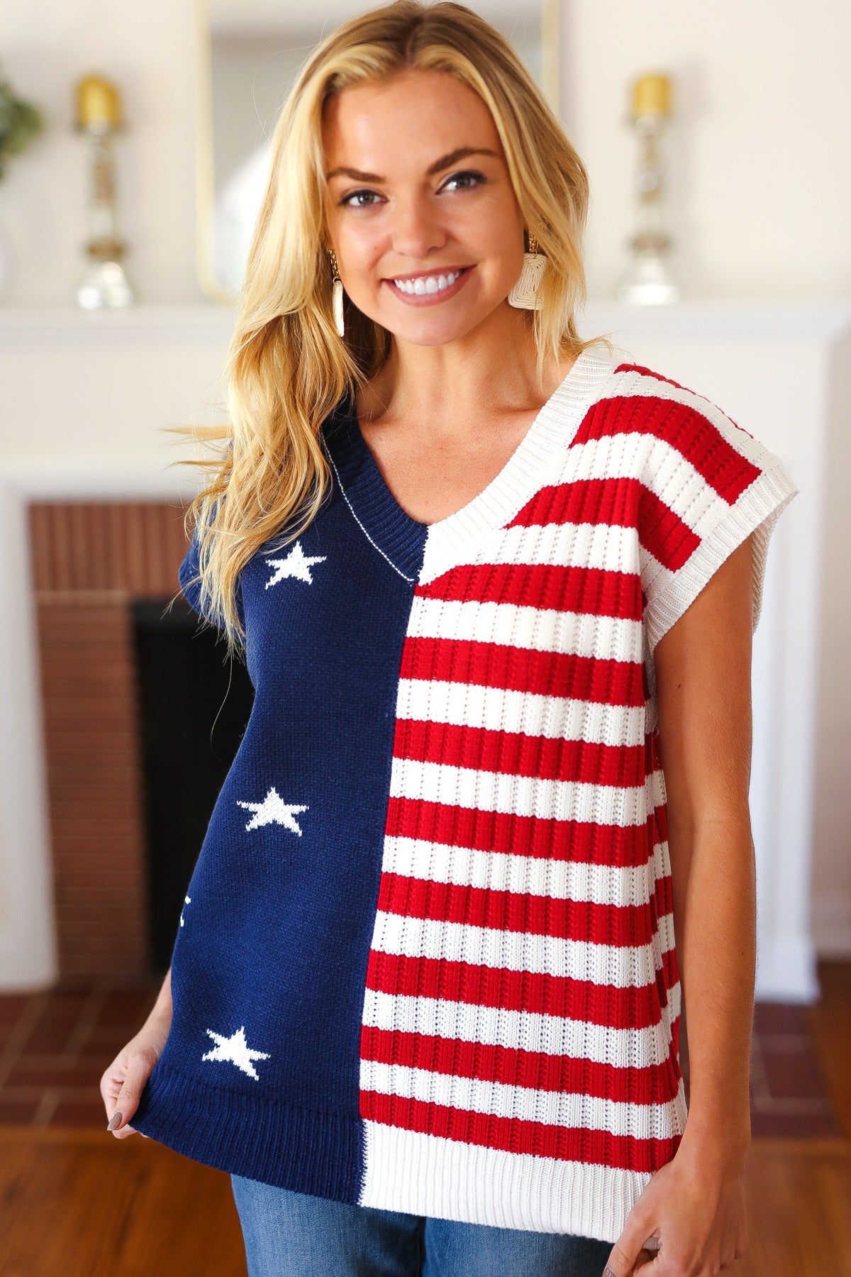 Maxct &Stars & Stripes Americana V Neck Dolman Sweater Top