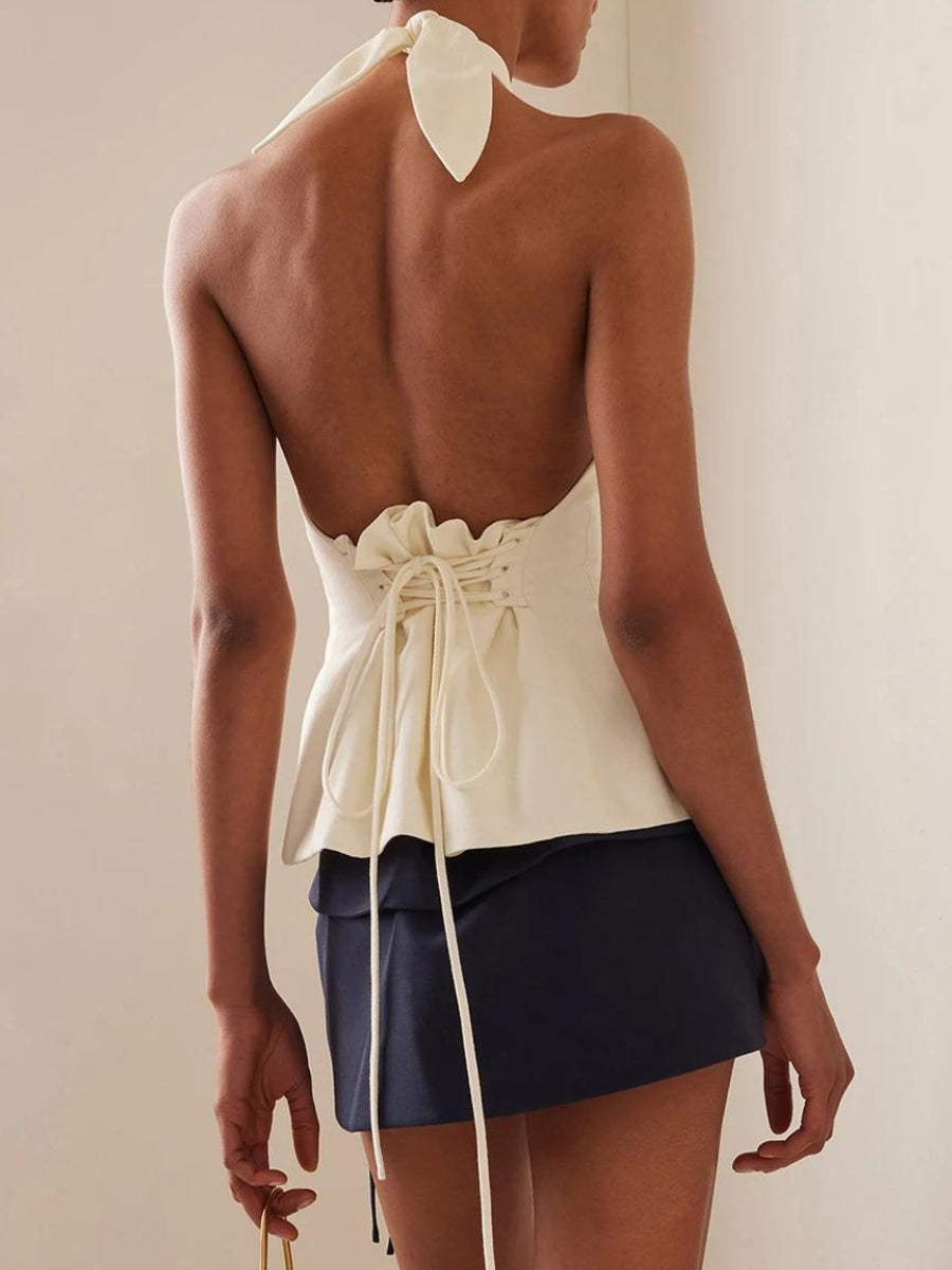 Maxct &Halter Neck Lace Up Ruched Top