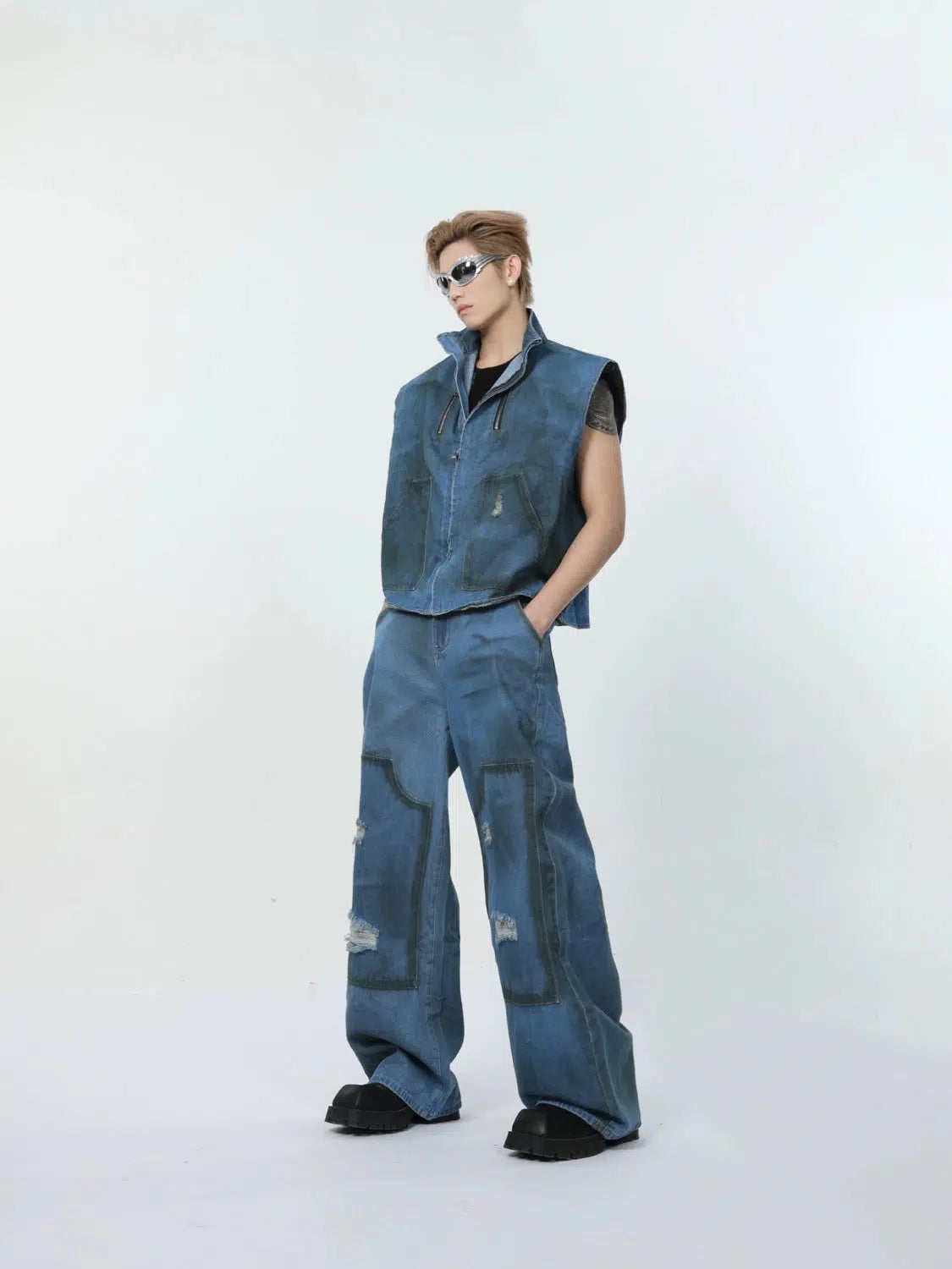 Maxct Washed Blue Sleeveless Jacket & Wide-leg Jeans