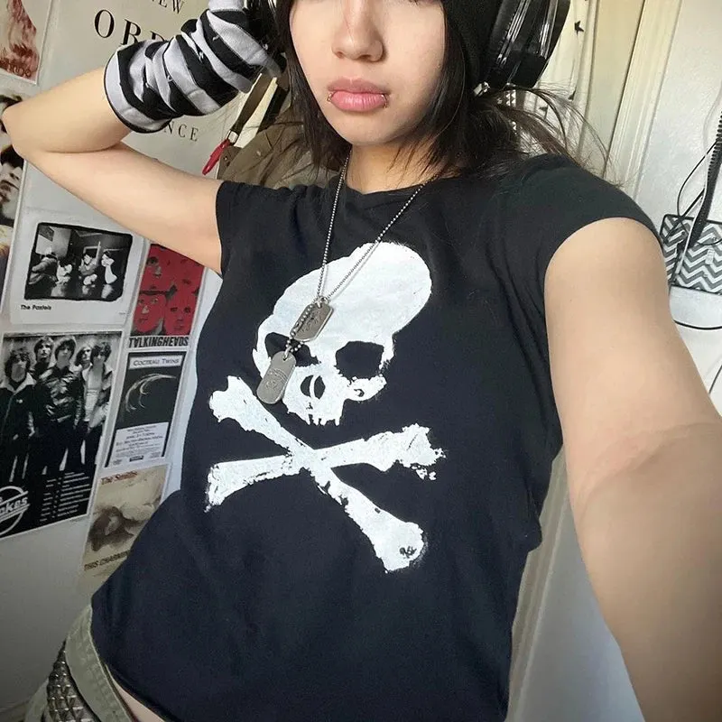 Maxct y2k Aesthetic Fairy Grunge Vintage Tops Graphic Print Brown T-Shirt Short Sleeve Slim Pullover Sweats Tees Harajuku Retro Women